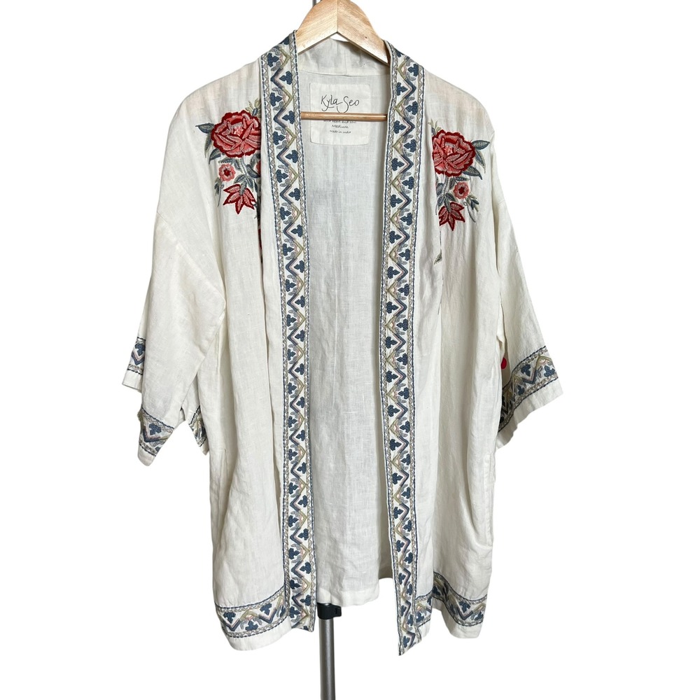 Kyla Seo 100% Linen Floral Embroidered Cream Kimono Open Front Cardigan SZ M
